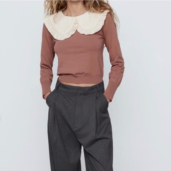 Zara Sweaters Zara Cream Brick Peter Pan Contrast Collar Knit